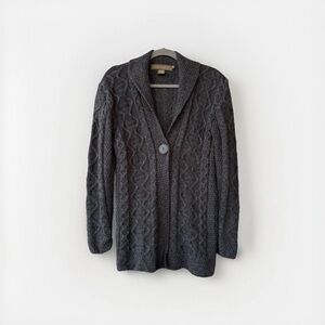 Inis Crafts dark gray cable knit cardigan sweater made from 100% Merino wool